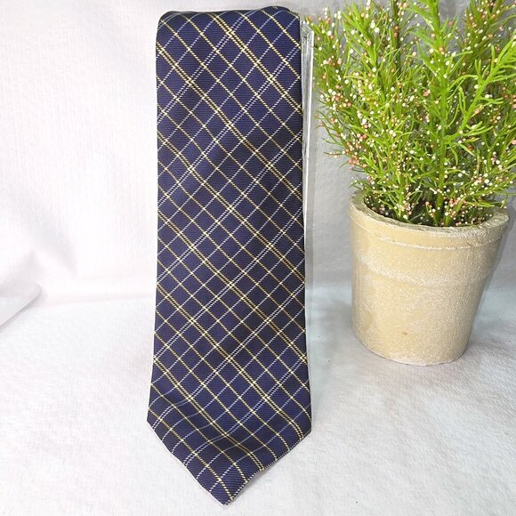 LAUREN RALPH LAUREN HAND FINISHED IMPORTED SILK TIE BLUE WITH GOLD PLAID EUC - Picture 1 of 7